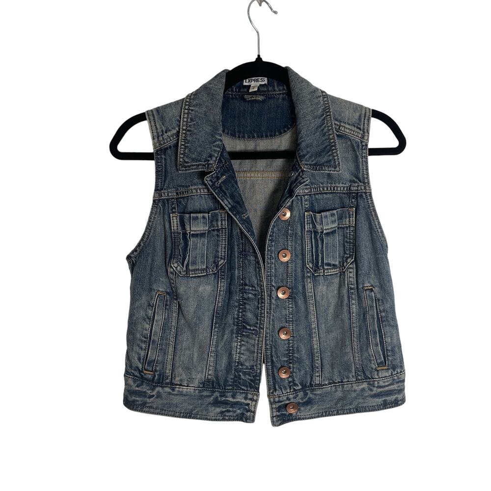 Vtg 90s Denim Vest Express Women M Grunge Punk y2k Jeans Cropped Distressed FLAW